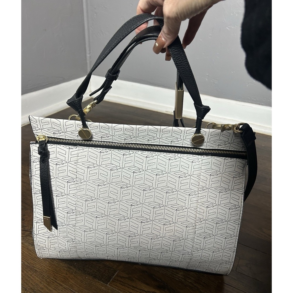 Foley + Corinna Dione satchel in a white and black geometric logo Pattern Tote